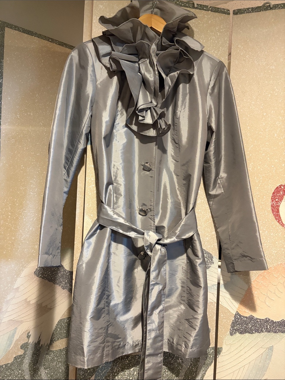 dennis basso Liquid Silver Satin Ruffle-Collar Trench Coat with Waist Tie